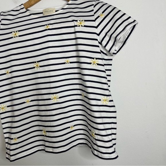 Sézane Evan Striped Daisy Embroidered T-Shirt 100% Cotton Luxury Designer Sz S - Picture 5 of 14